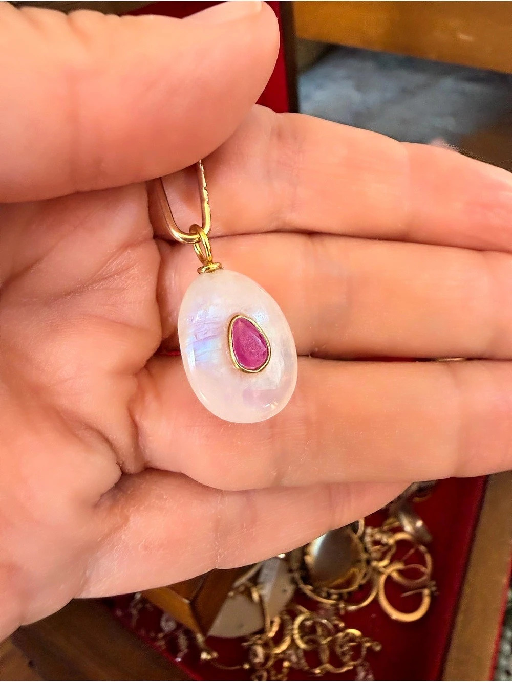 Rainbow Moonstone & Ruby-Pink Zircon Pendant